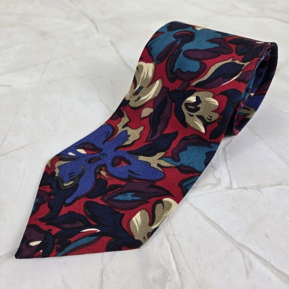 Oleg Cassini 100% Silk Men's Tie Abstract Floral Pattern Red Blue Tan Black Grn